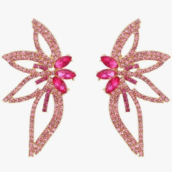 Pink Crystal Abstract Flower Outline Earrings Art Deco Rhinestone Petals Wings - Picture 1 of 6